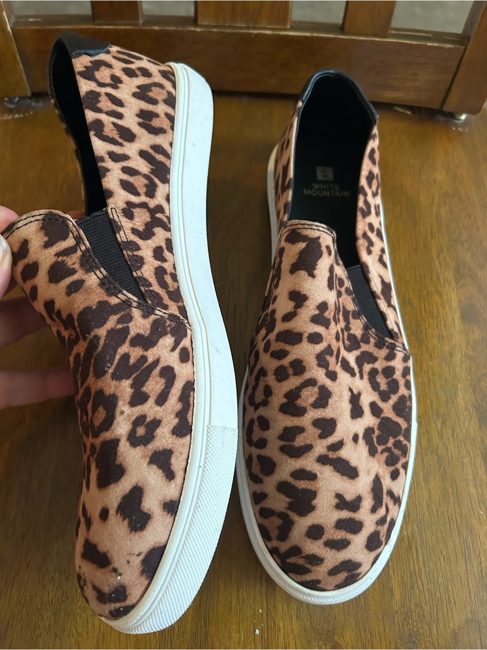 White Mountain Leopard Print Slip-On Sneakers in Tan and Black worn 1x